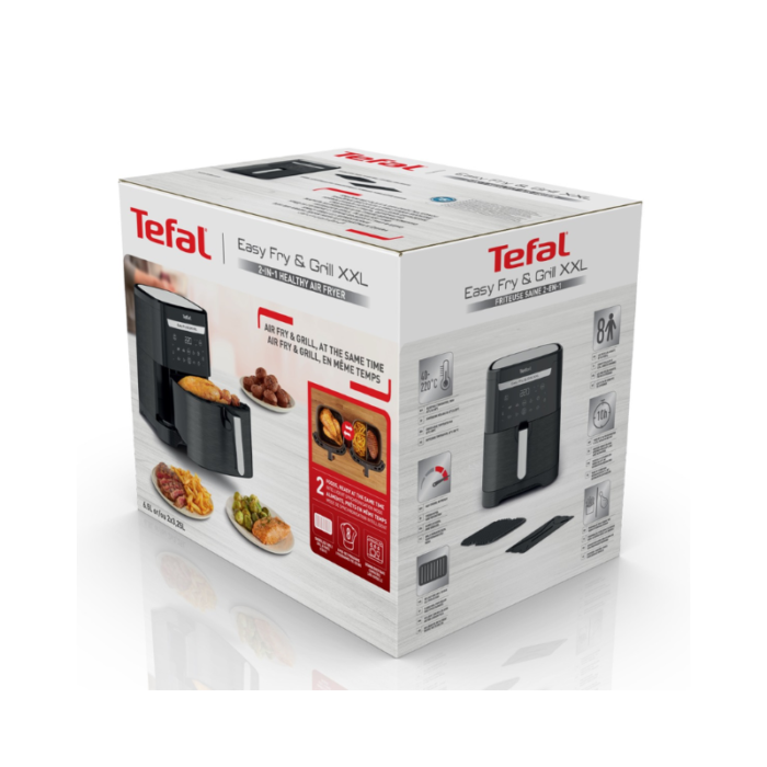 The packaging box of the Tefal Easy Fry & Grill XXL air fryer, featuring product details, images of prepared dishes, and specifications.