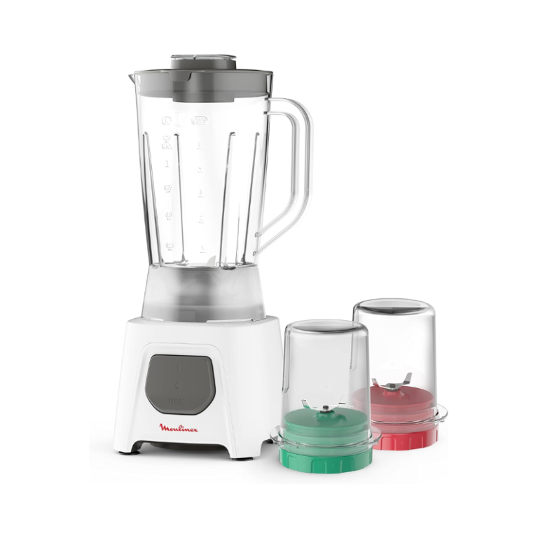 A white blender with a transparent jar, a gray lid, and two smaller jars with colored lids (green and red), suitable for grinding or blending smaller quantities.