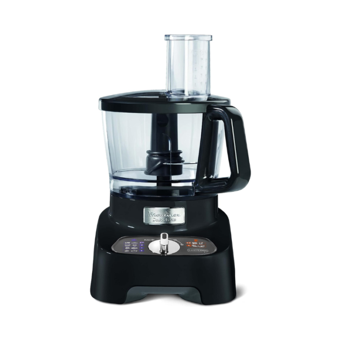 A standalone image of the Moulinex DoubleForce food processor, featuring its black base, transparent bowl, and sleek design.