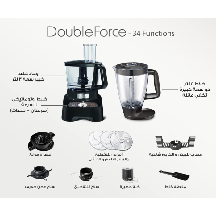 A detailed breakdown of the Moulinex DoubleForce food processor, showcasing its accessories: a large 3L mixing bowl, a 2L blender jug, citrus juicer, dough tools, slicing and grating discs, and a spatula.