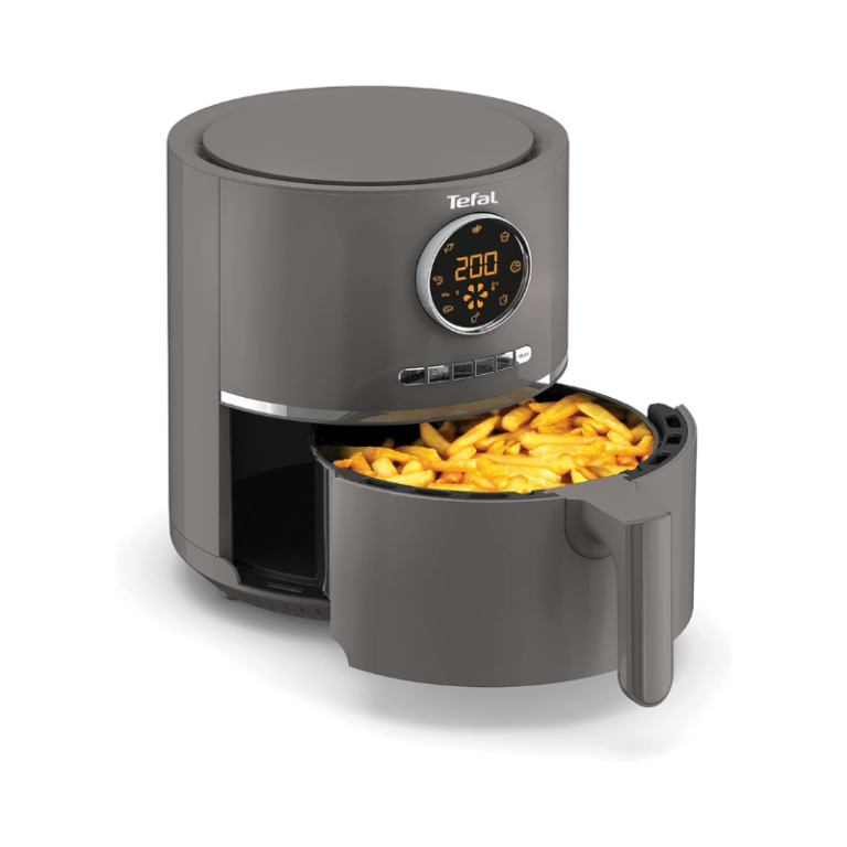 The Tefal Ultra Fry air fryer with its drawer pulled out, showing golden French fries inside. The fryer has a sleek, modern design with a digital control panel.