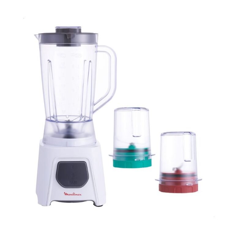 A white blender with a transparent jar, a gray lid, and two smaller jars with colored lids (green and red), suitable for grinding or blending smaller quantities.